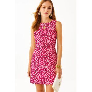 Chaps Keyhole Sheath Dress Cotton-Blend Preppy Pink/White Geometric 4 Resortwear